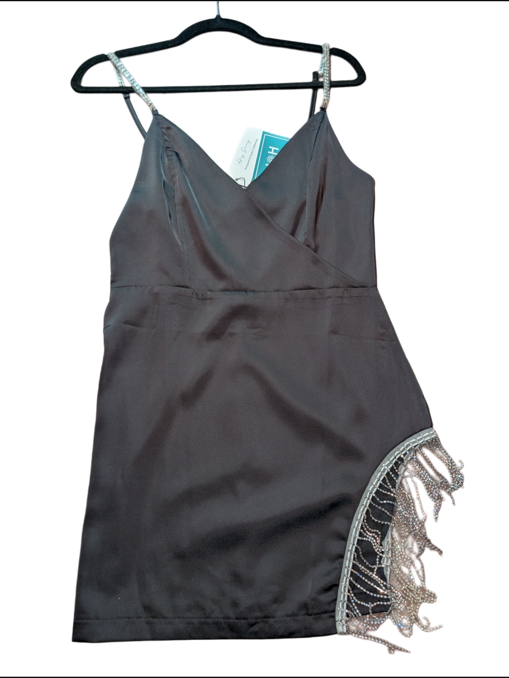 Beaded Fringe Black Mini Dress with Rhinestone Straps